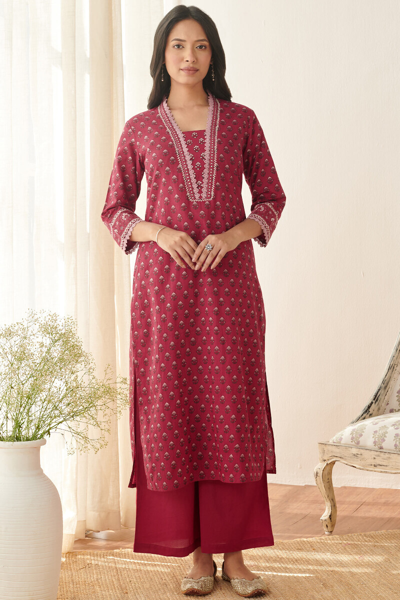 Red Hand Printed Straight Cotton Kurta