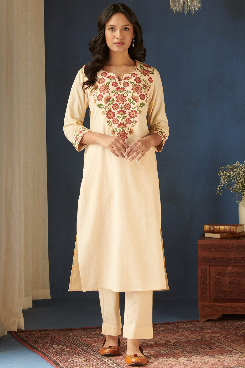 Cream Handcrafted Straight Cotton Flax Kurta
