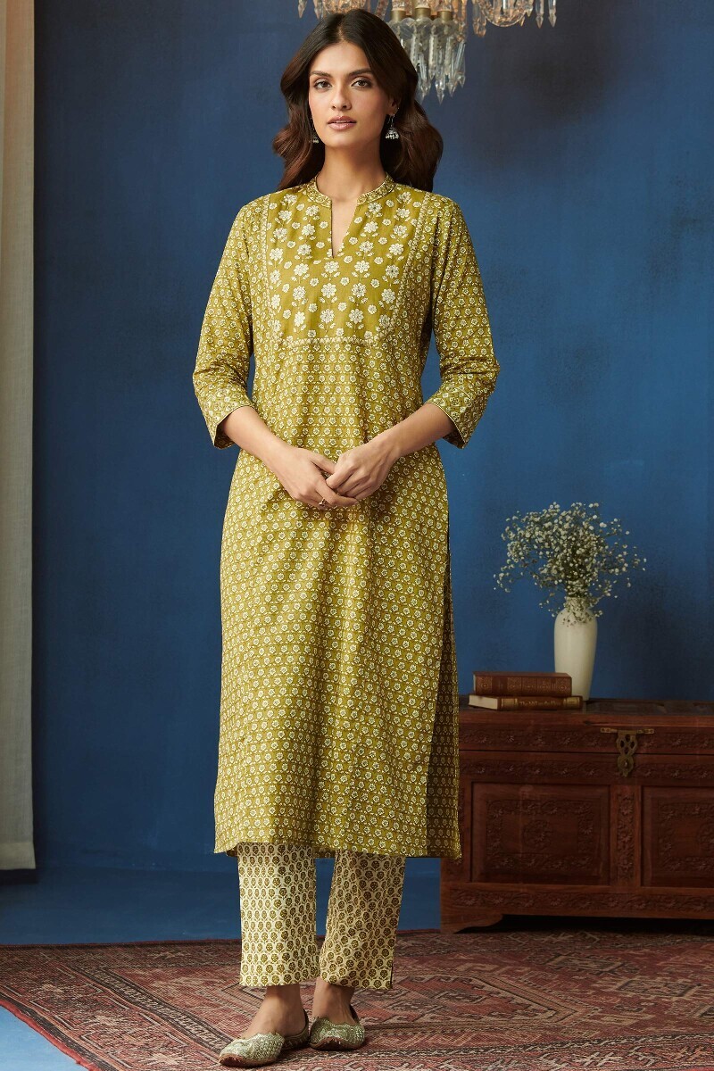 Green Hand Printed Straight Cotton Kurta