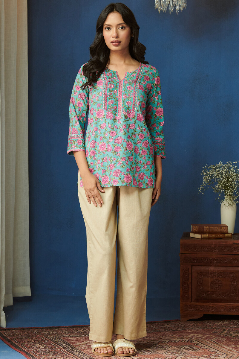 Blue Hand Printed Cotton Slub Top