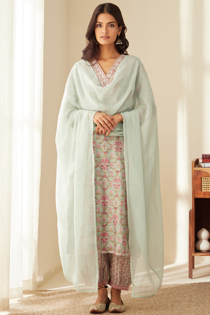 Light Blue Hand Block-Printed Chanderi Izhaar Pants