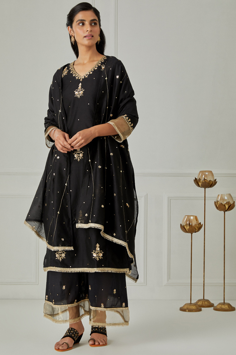 Black Handcrafted Cotton Silk Dupatta