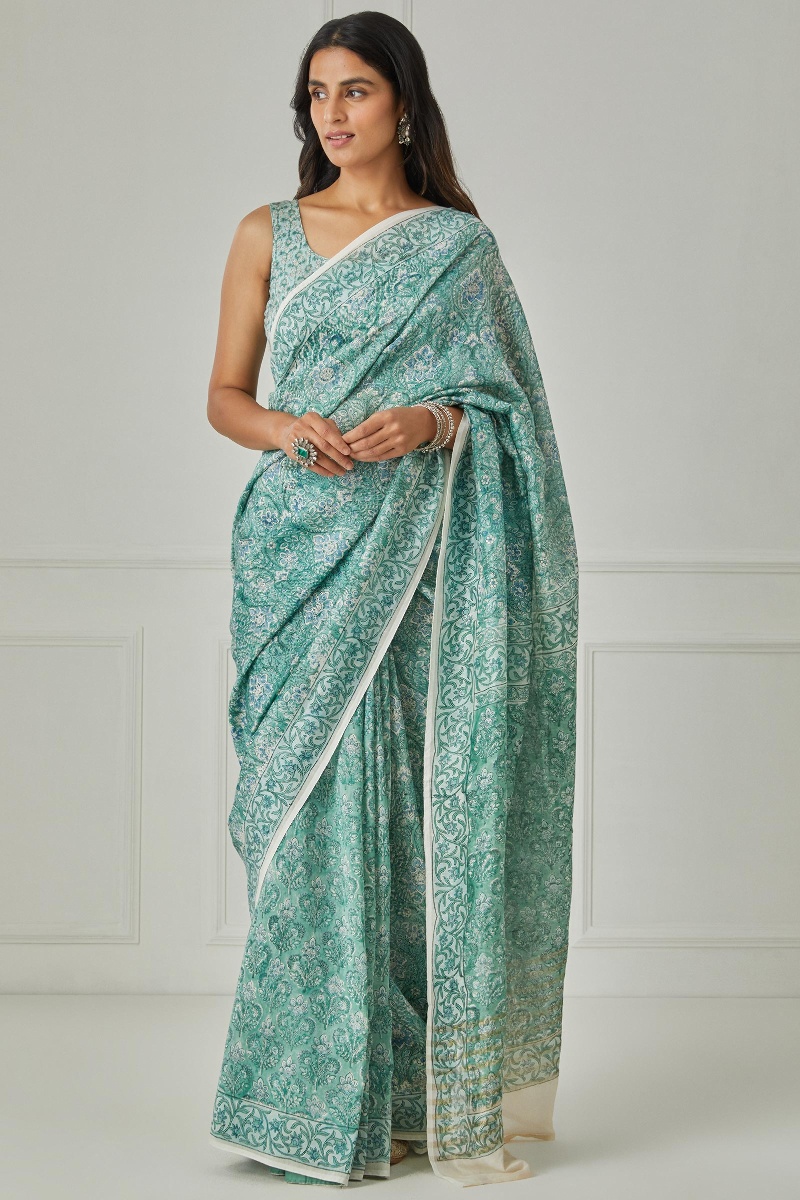 Green Block Printed Chanderi Saree