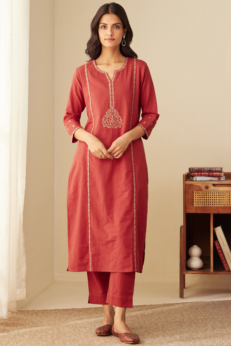 Red Handcrafted Straight Cotton Flax Kurta