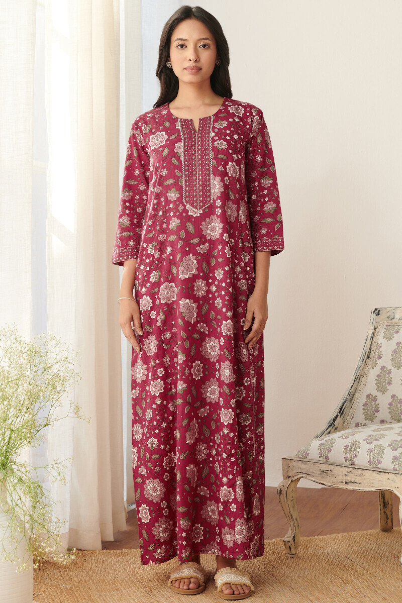 Red Hand Printed Cotton Kaftan