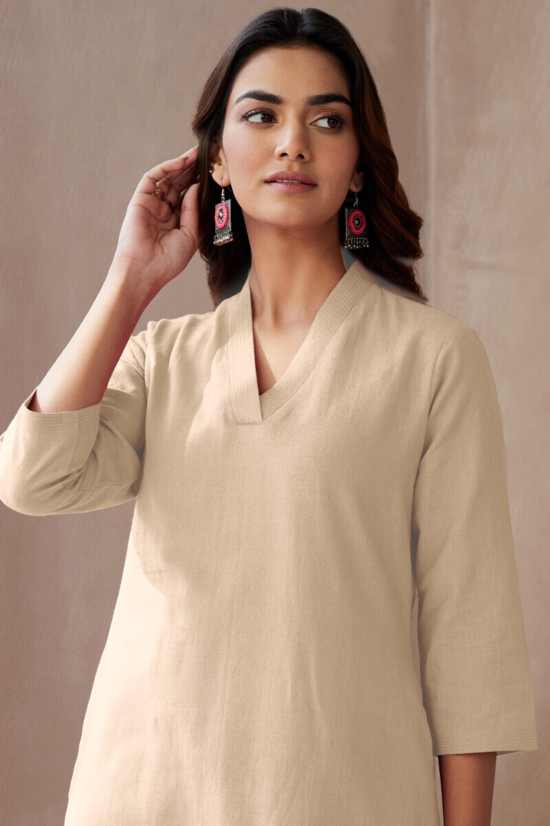 Cream Handcrafted Straight Cotton Flax Kurta