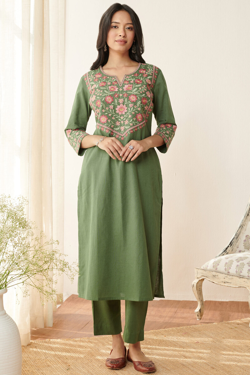 Green Handcrafted Straight Cotton Flax Kurta