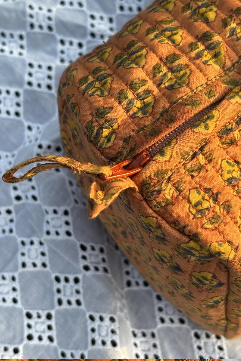 Peach Hand Block Printed Cotton Toiletry Pouch
