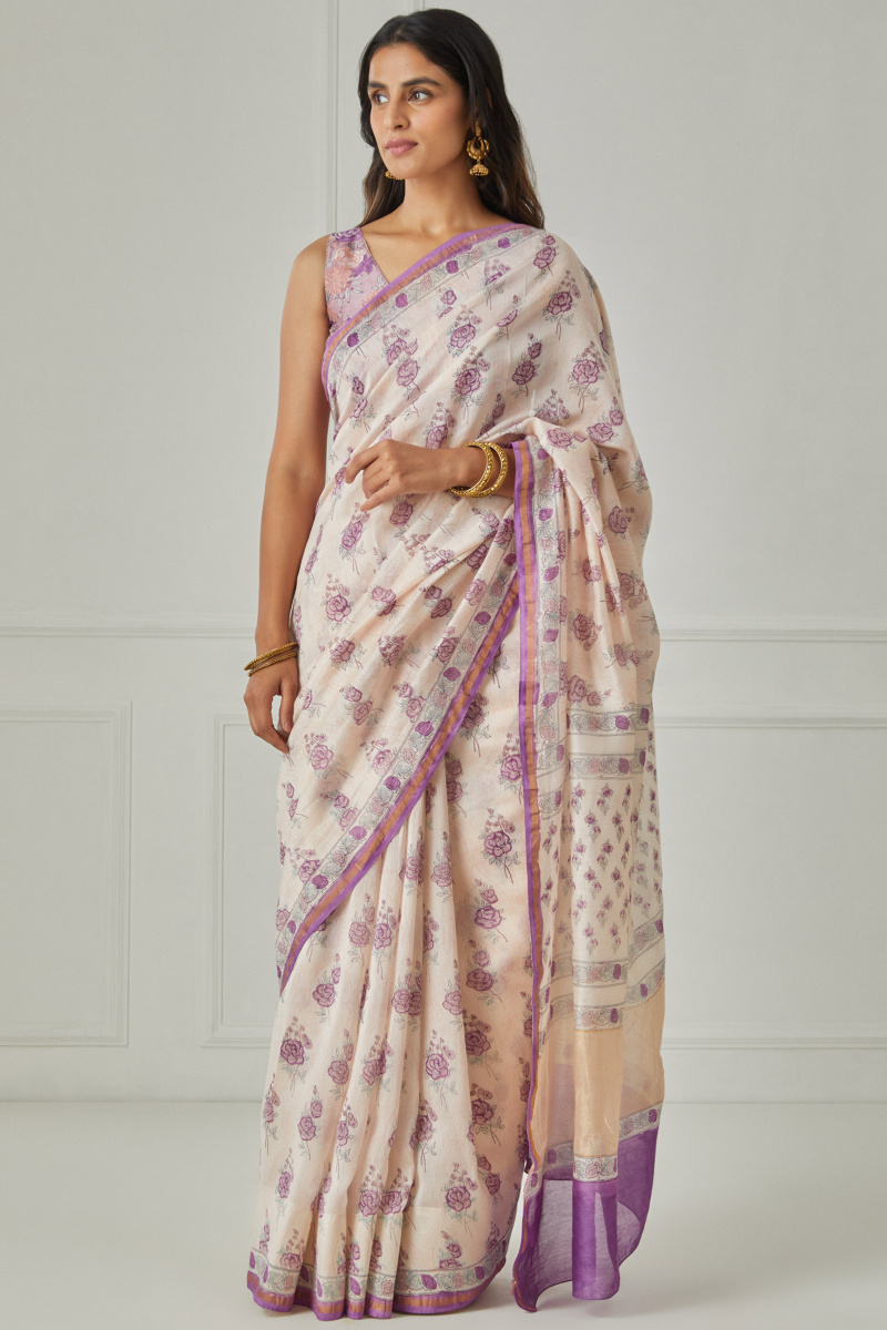 Off-White Block Printed Chanderi Saree