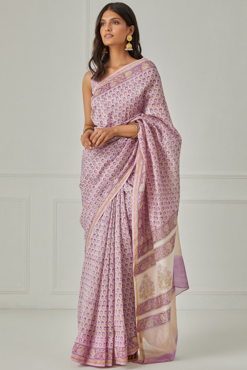 Pink Block Printed Chanderi Saree