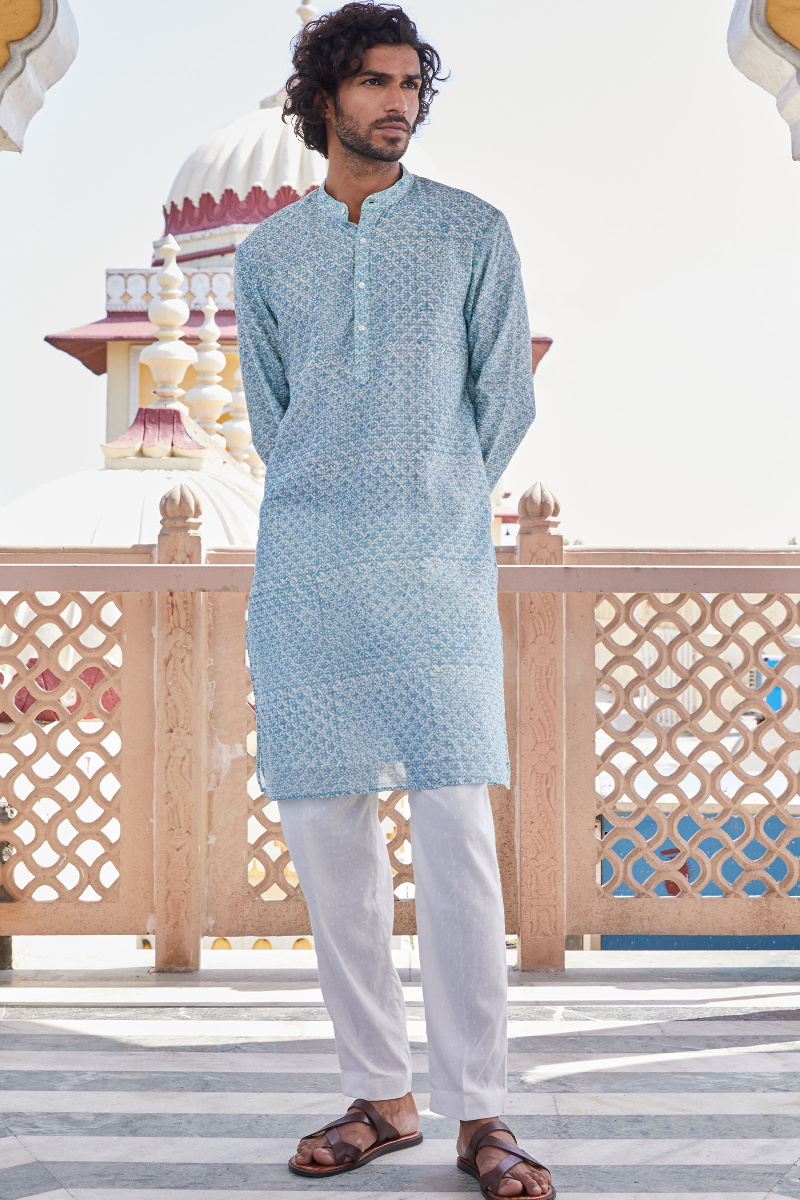 Blue Block Printed Chanderi Kurta