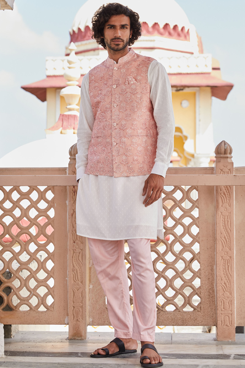 Pink Block Printed Chanderi Nehru Jacket