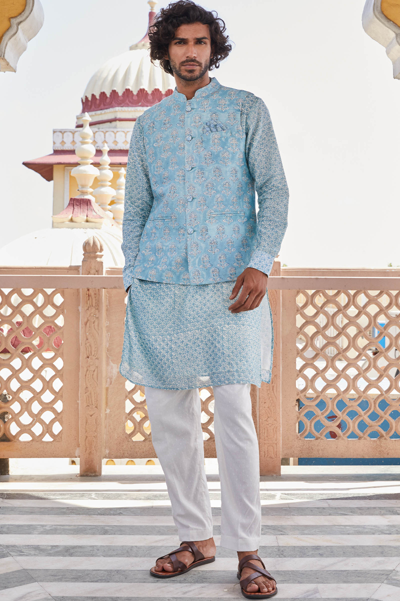 Blue Block Printed Chanderi Nehru Jacket