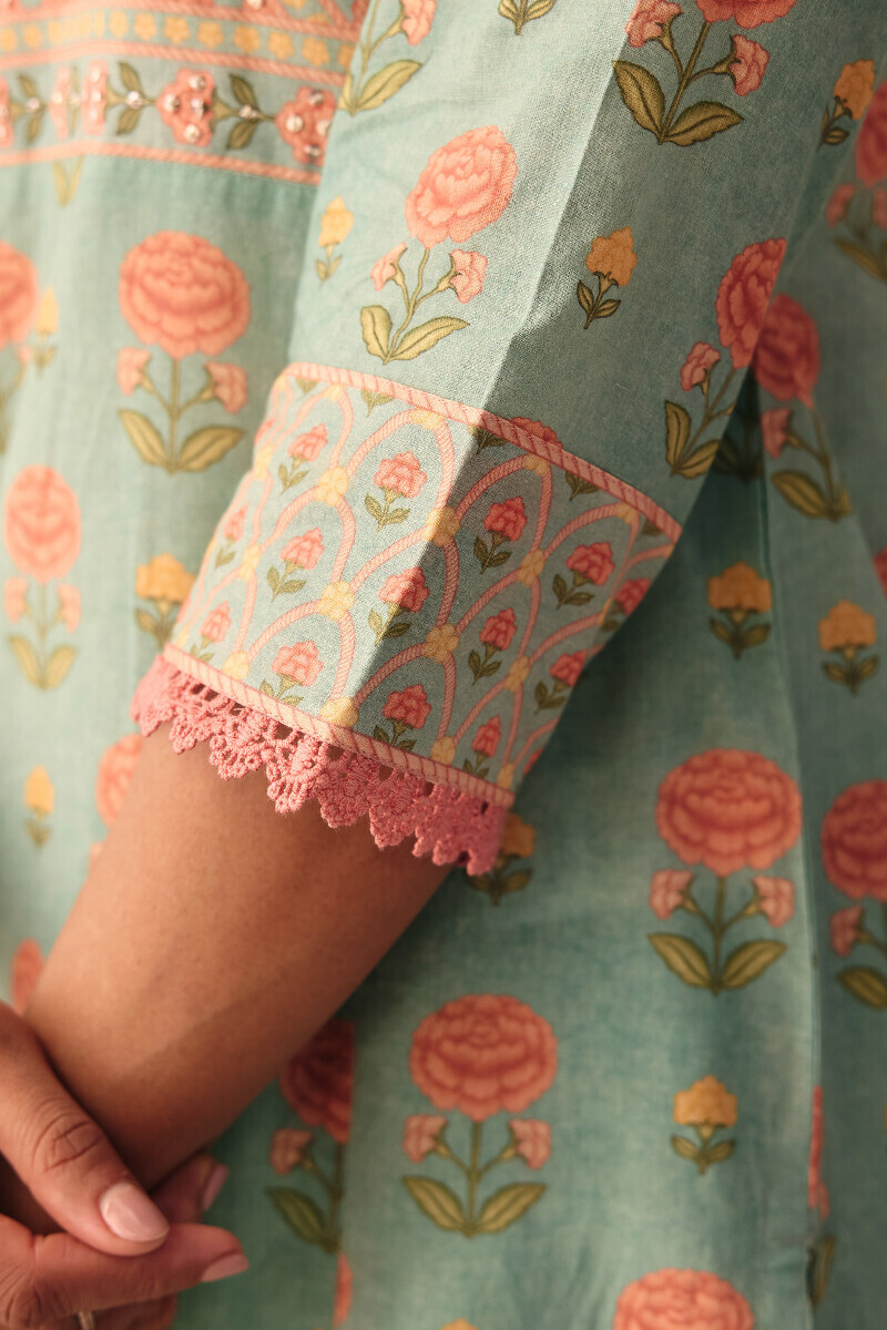 Blue Printed Straight Cotton Kurta