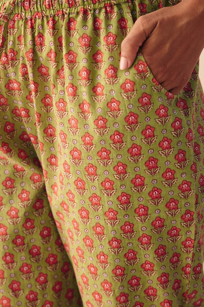Green Hand Printed Cotton Slub Narrow Pants