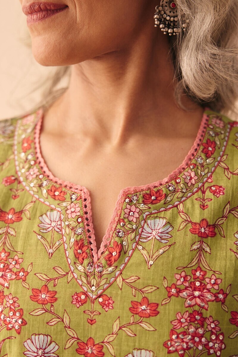 Green Hand Printed Straight Cotton Slub Kurta