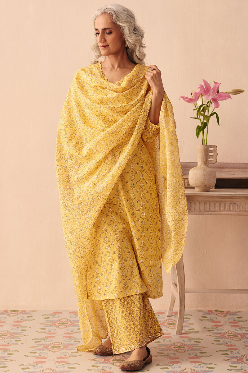 Yellow Hand Printed Kota Dupatta