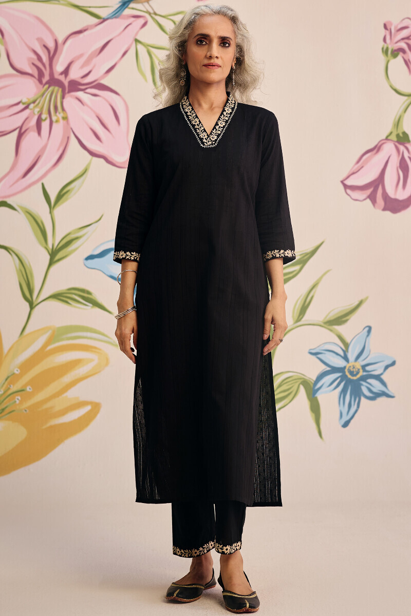 Black Handcrafted Straight Cotton Dobby Kurta