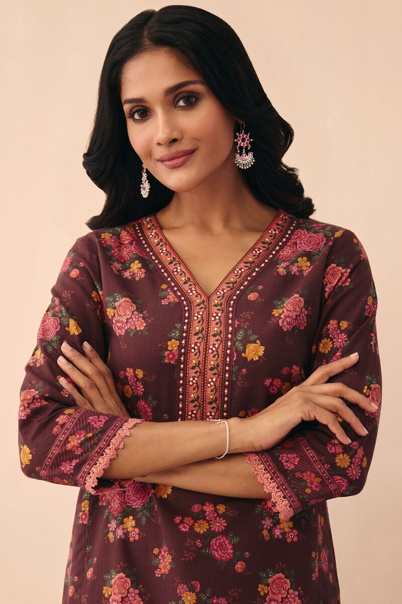 Brown Printed Straight Cotton Kurta