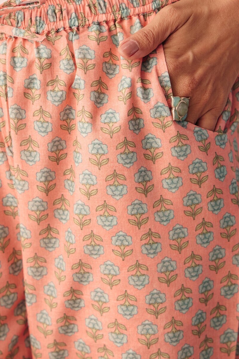Pink Printed Cotton Narrow Pants
