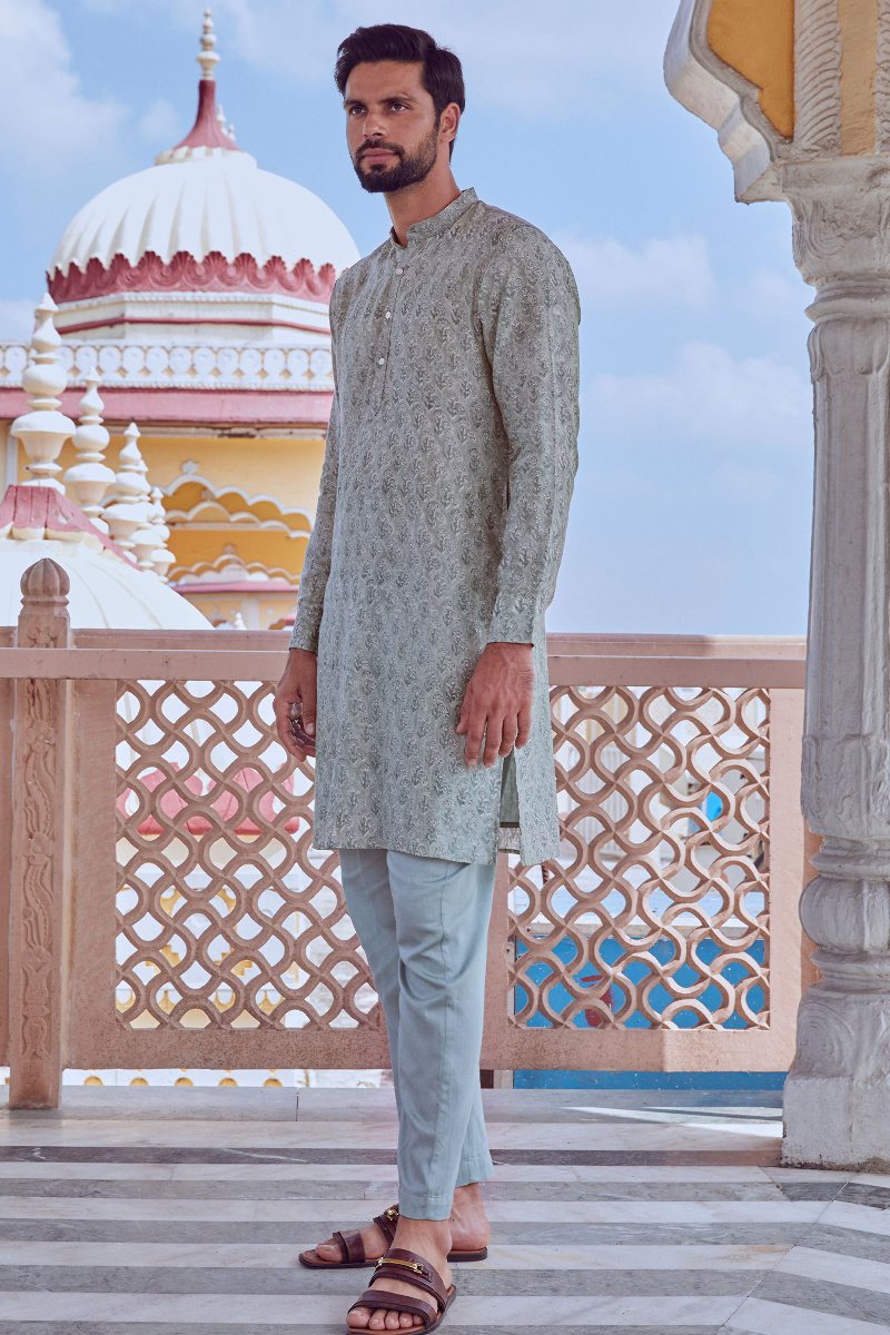 Green Block Printed Chanderi Kurta