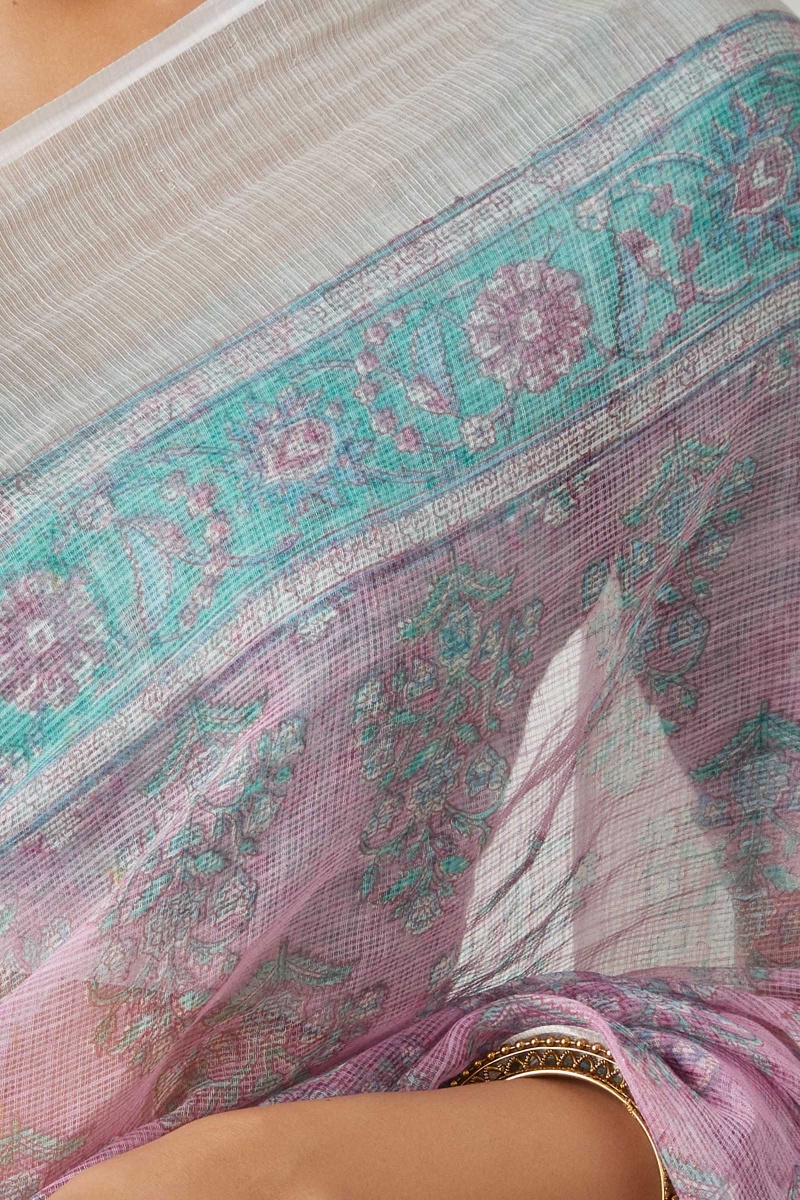 Purple Block Printed Kota Silk Saree