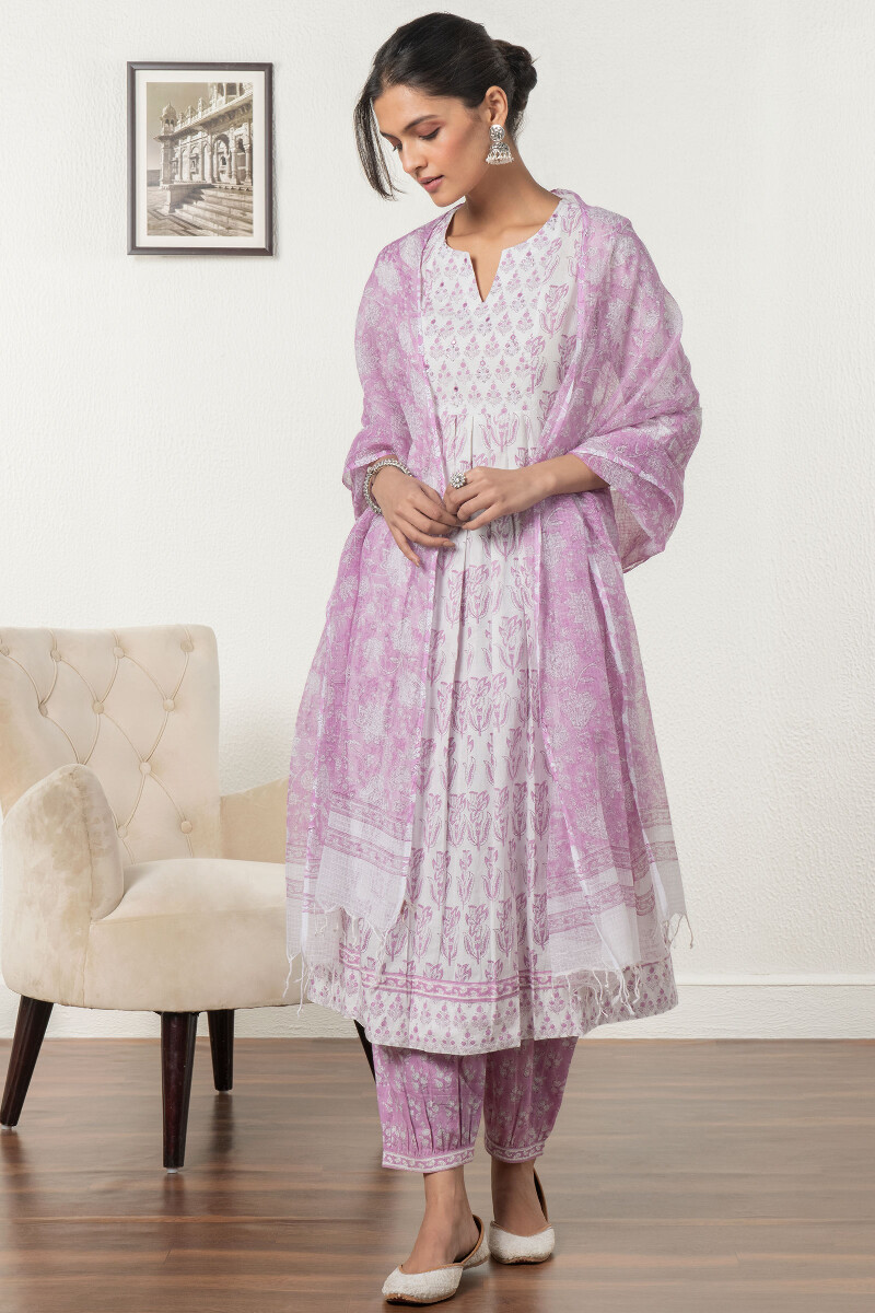 Purple Block Printed Cotton Izhaar Pants
