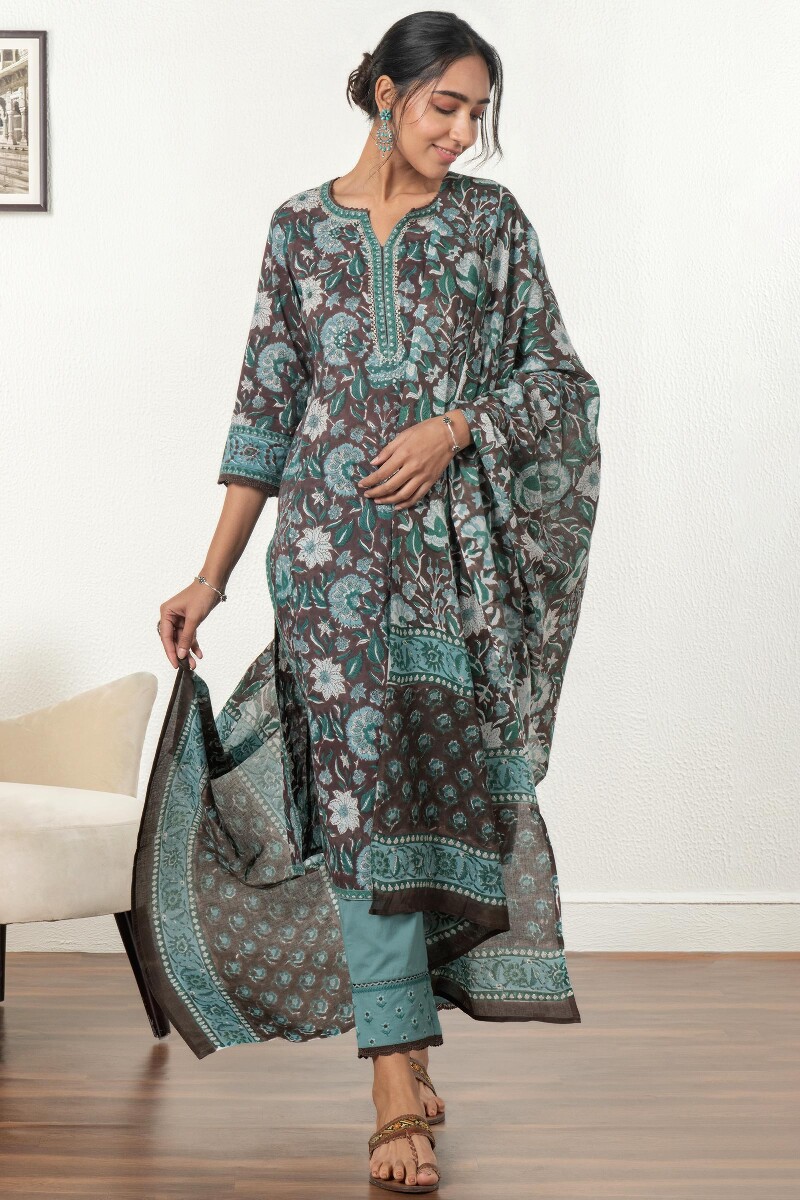 Turquoise Handcrafted Cotton Narrow Pants