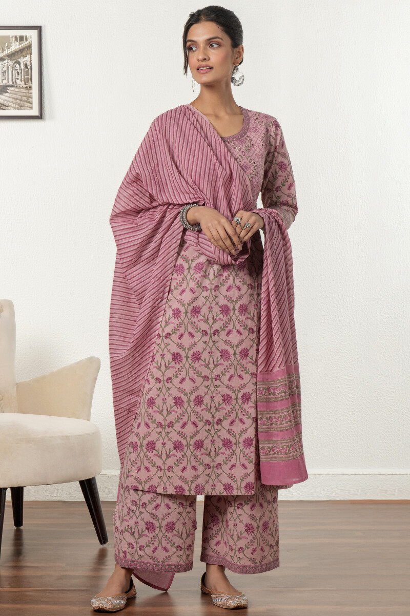 Pink Block Printed Cotton Dupatta
