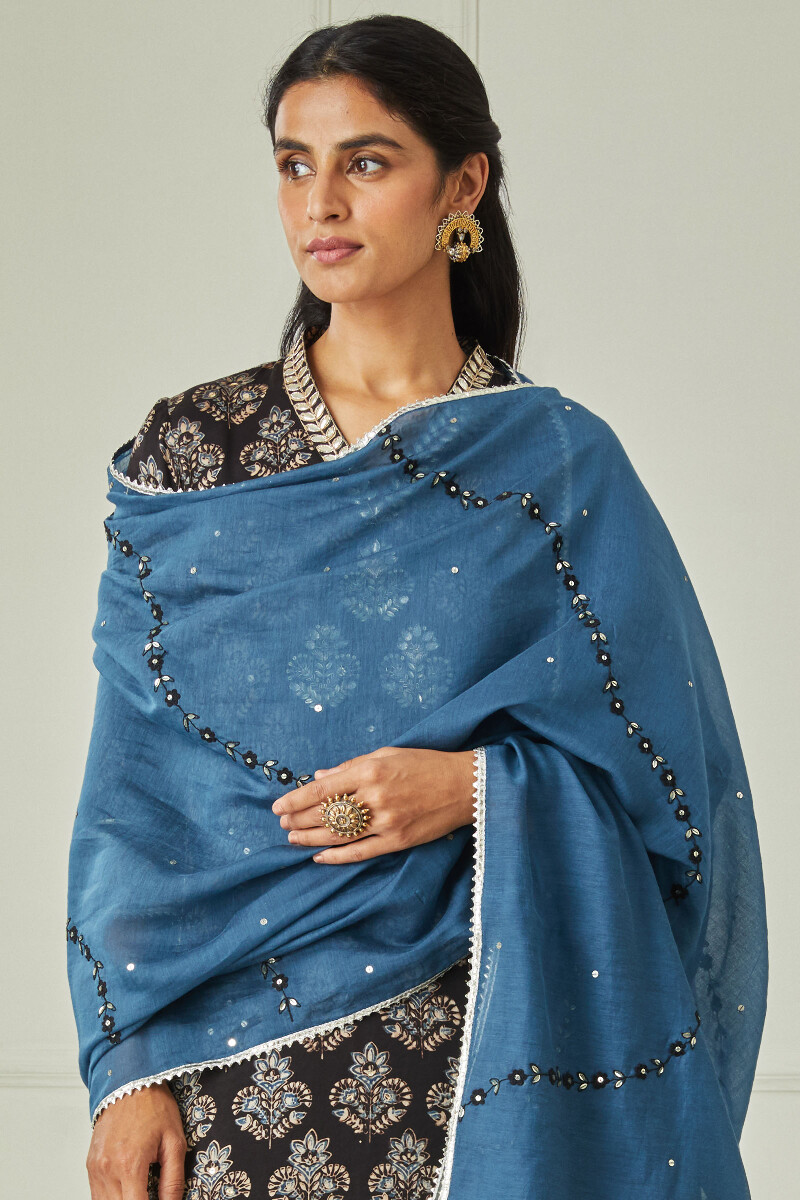 Blue Handcrafted Cotton Silk Dupatta