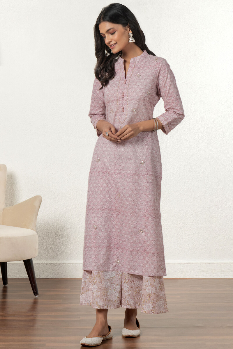 Pink Block Printed Straight Cotton Kurta