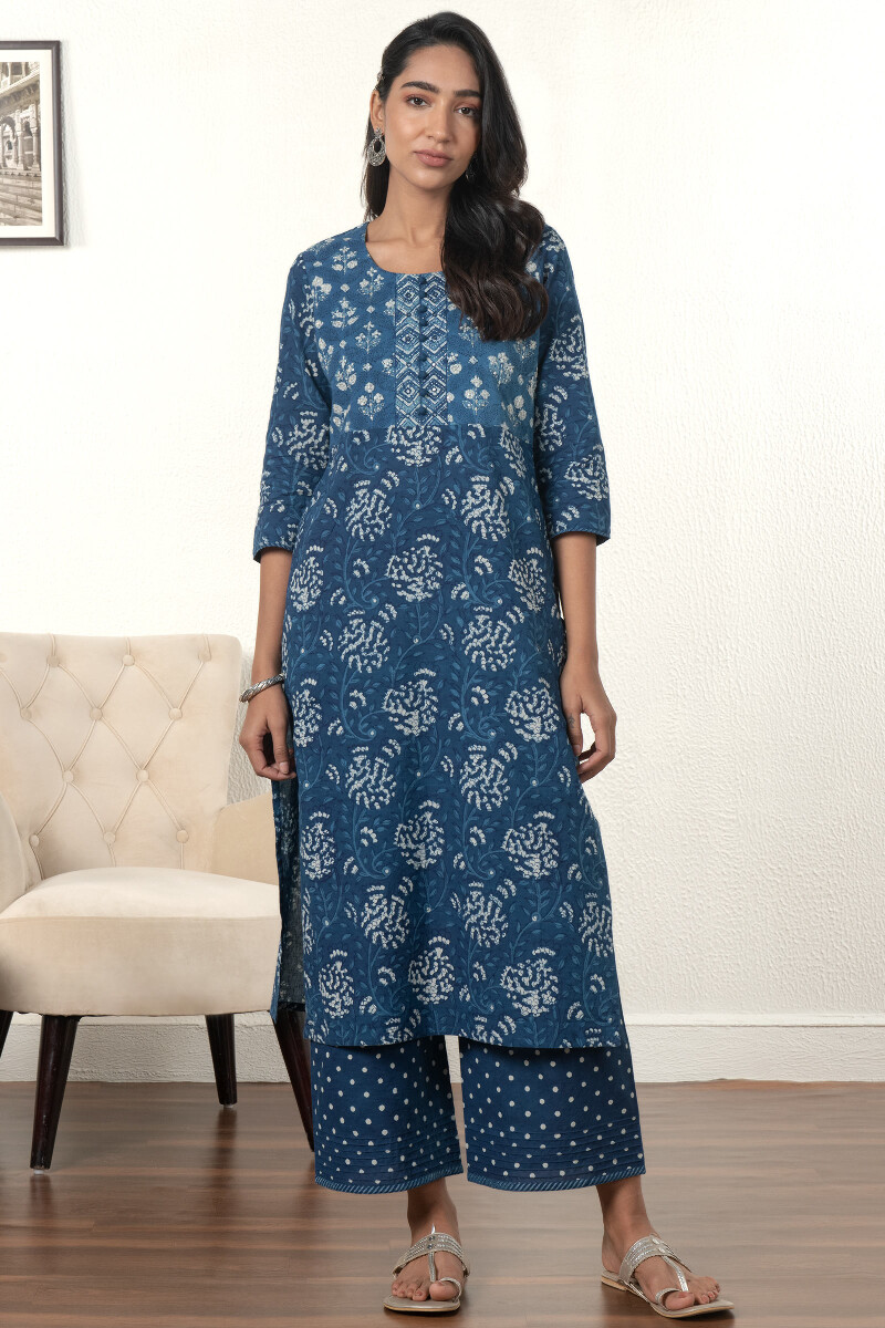 Indigo Block Printed Straight Cotton Kurta