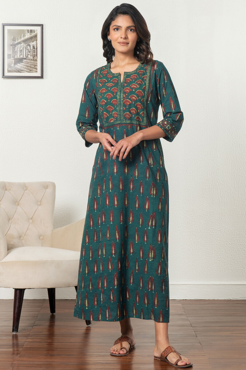 Green Block Printed Cotton Kaftan