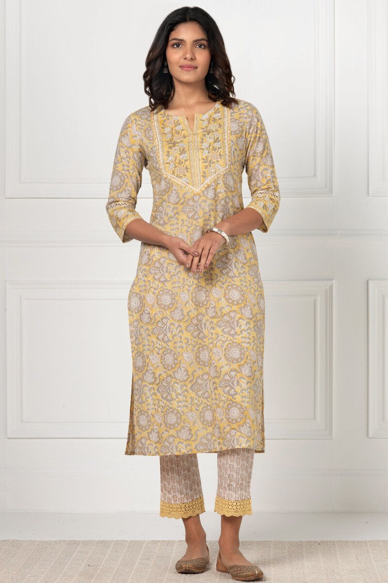 Yellow Block Printed Straight Cotton Kurta