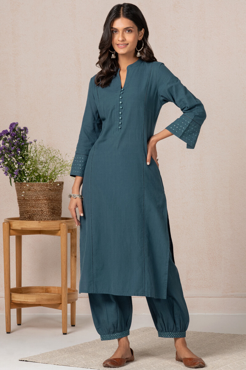 Blue Handcrafted Straight Cotton Kurta