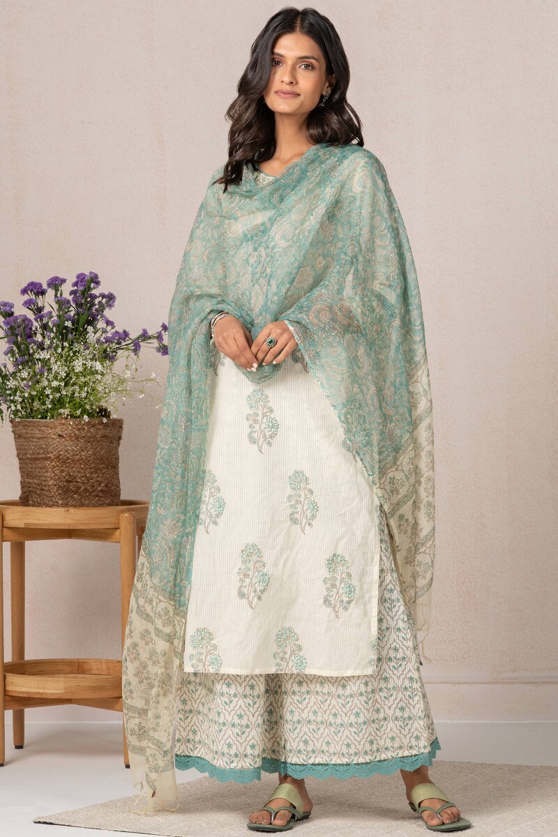 Off-White Block Printed Cotton Dobby Palazzo