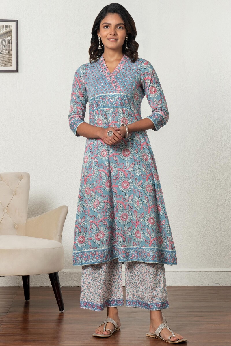 Blue Block Printed A-Line Cotton Kurta