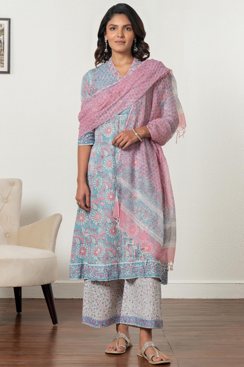 Pink Block Printed Kota Dupatta