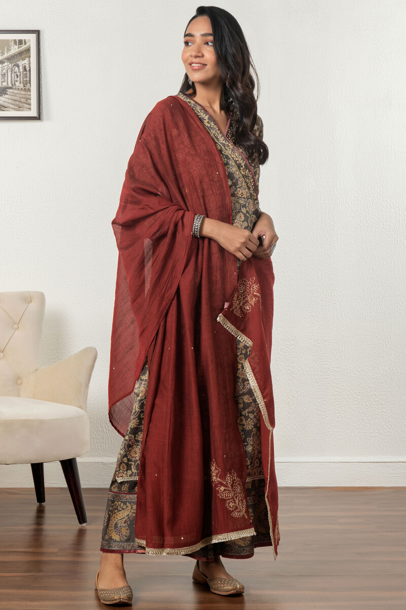 Red Handcrafted Cotton Silk Dupatta