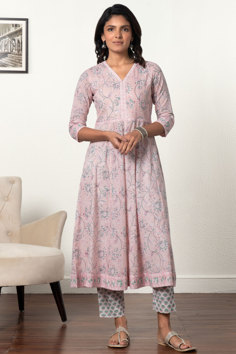 Pink Block Printed Anarkali Cotton Kurta