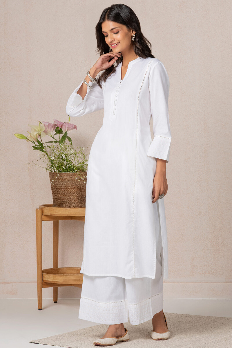 White Handcrafted Straight Cotton Kurta