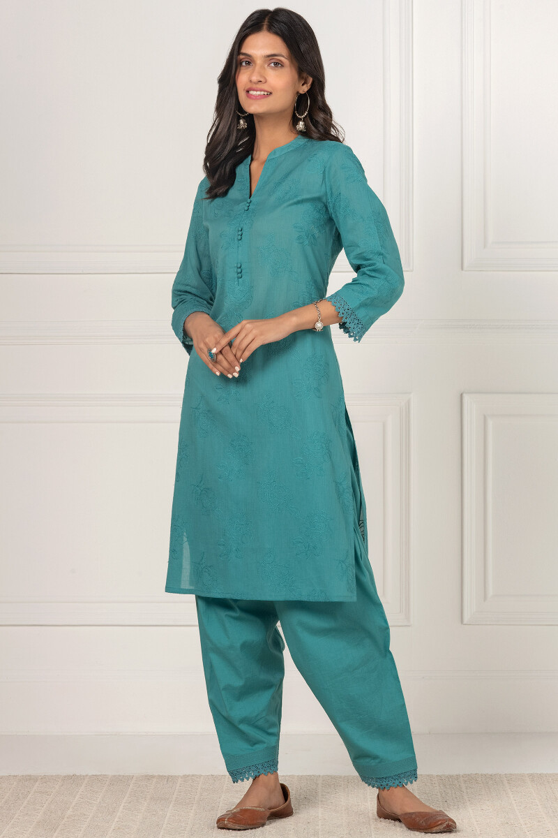 Turquoise Handcrafted Straight Cotton Kurta