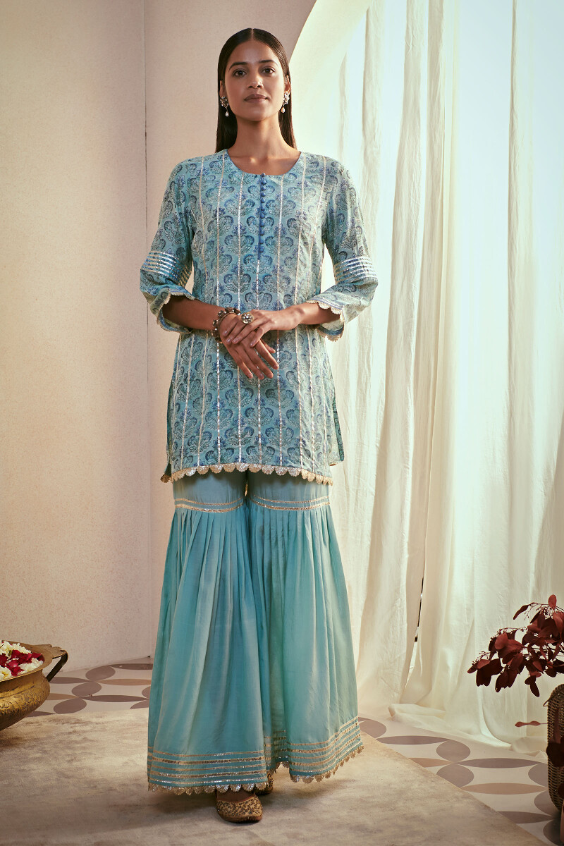 Blue Block Printed Modal Short Kurta