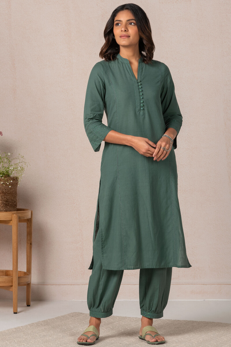Green Handcrafted Straight Cotton Kurta