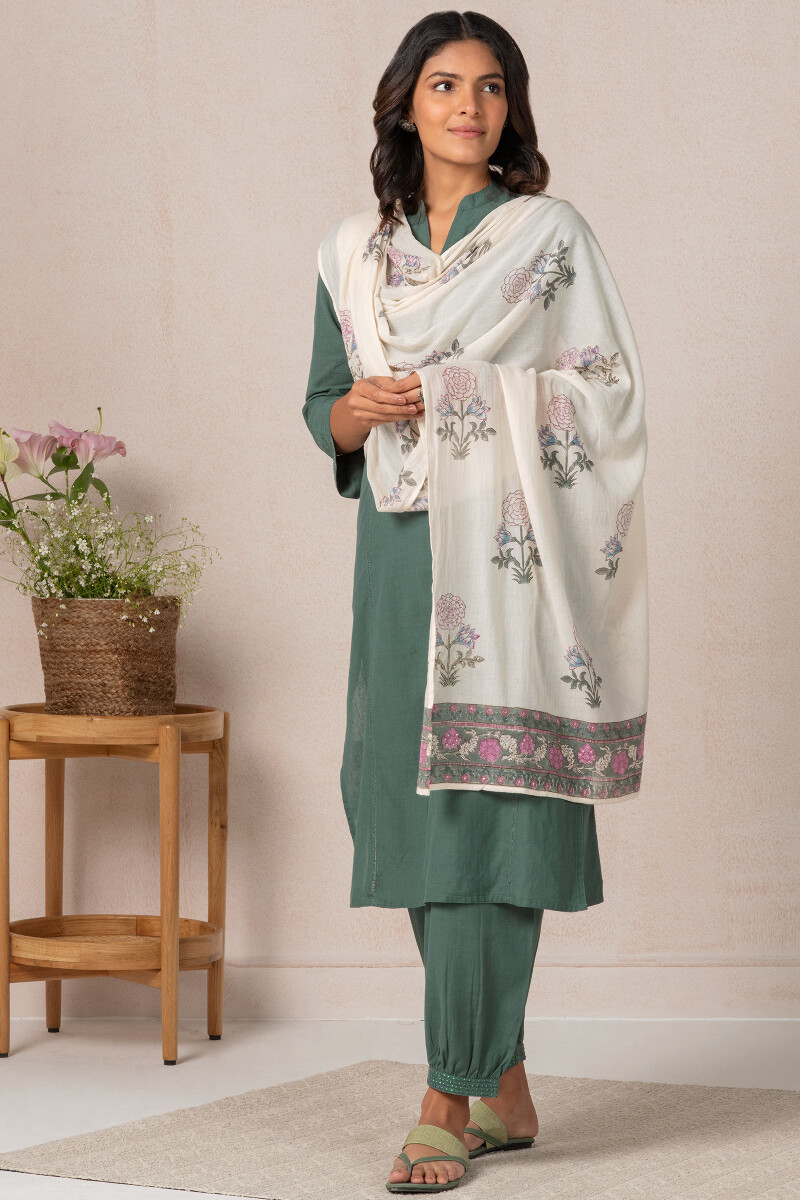 Beige Block Printed Cotton Dupatta