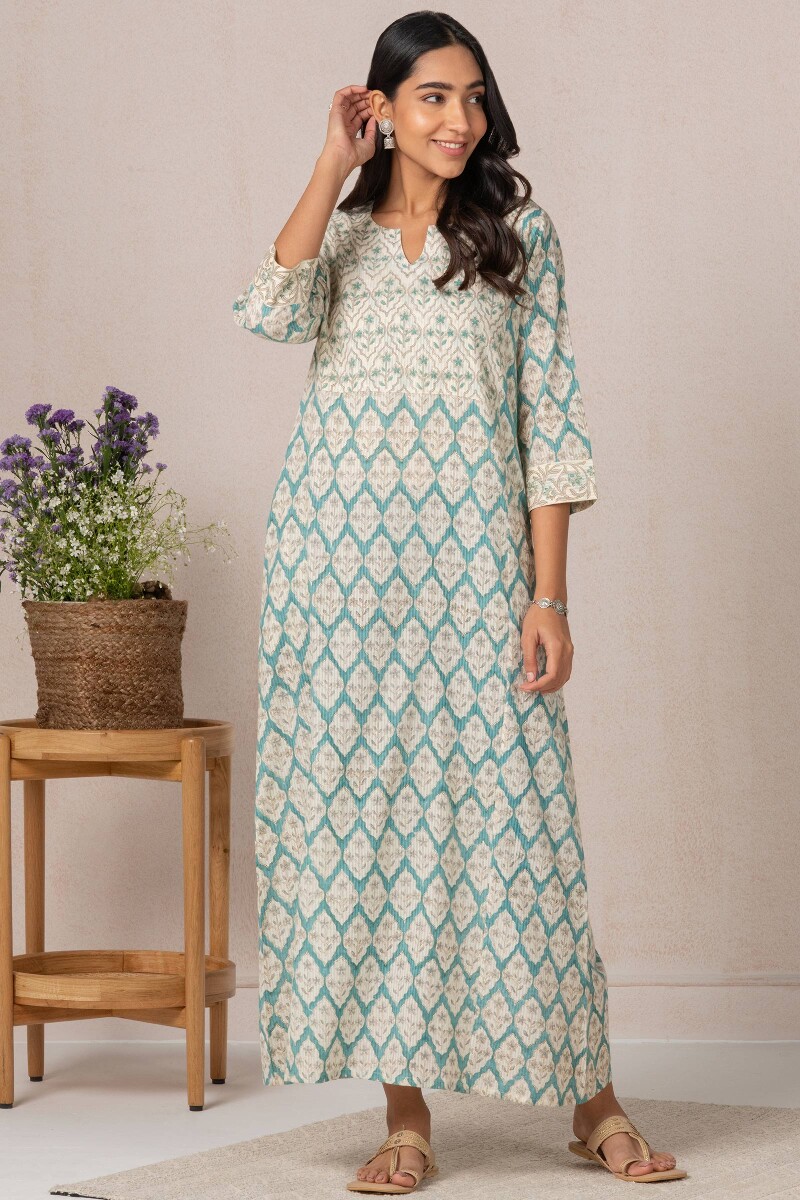 Blue Block Printed Cotton Kaftan