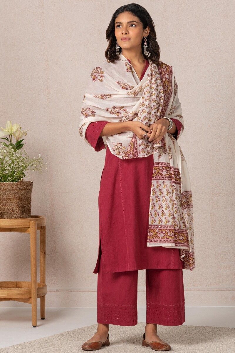 Beige Block Printed Cotton Dupatta