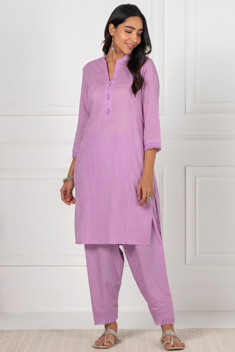 Purple Handcrafted Straight Cotton Kurta