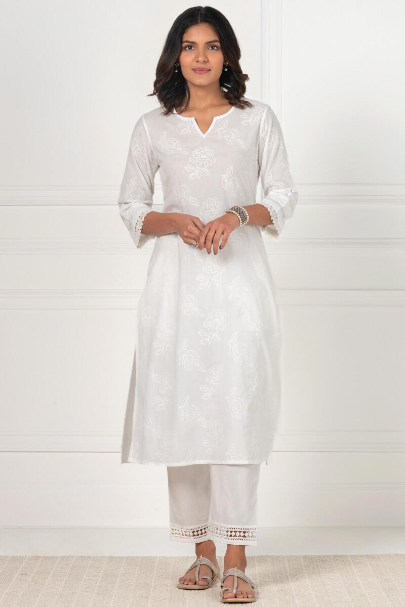 White Handcrafted Straight Cotton Kurta
