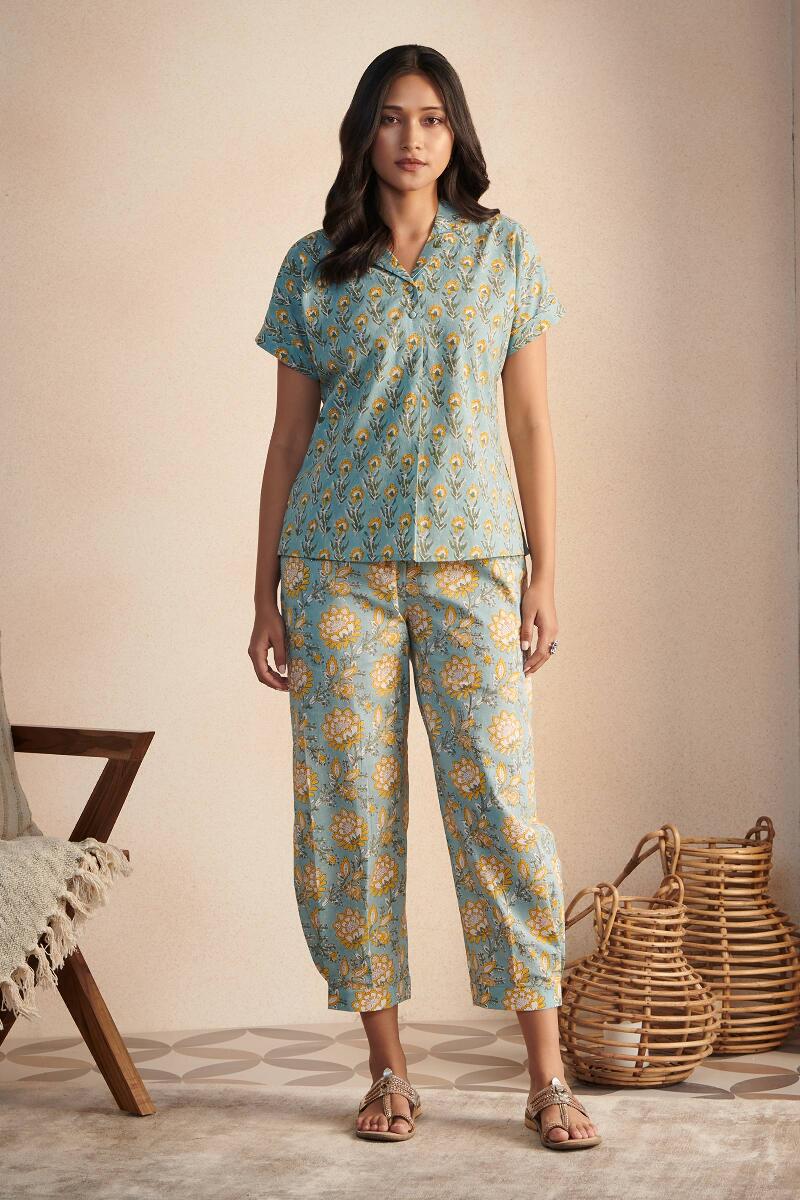 Blue Block Printed Cotton Pyjama Set